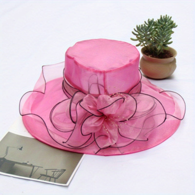 Flower Derby Church Hat Mesh Organza Sun Hat Wide Brim Bucket Hat