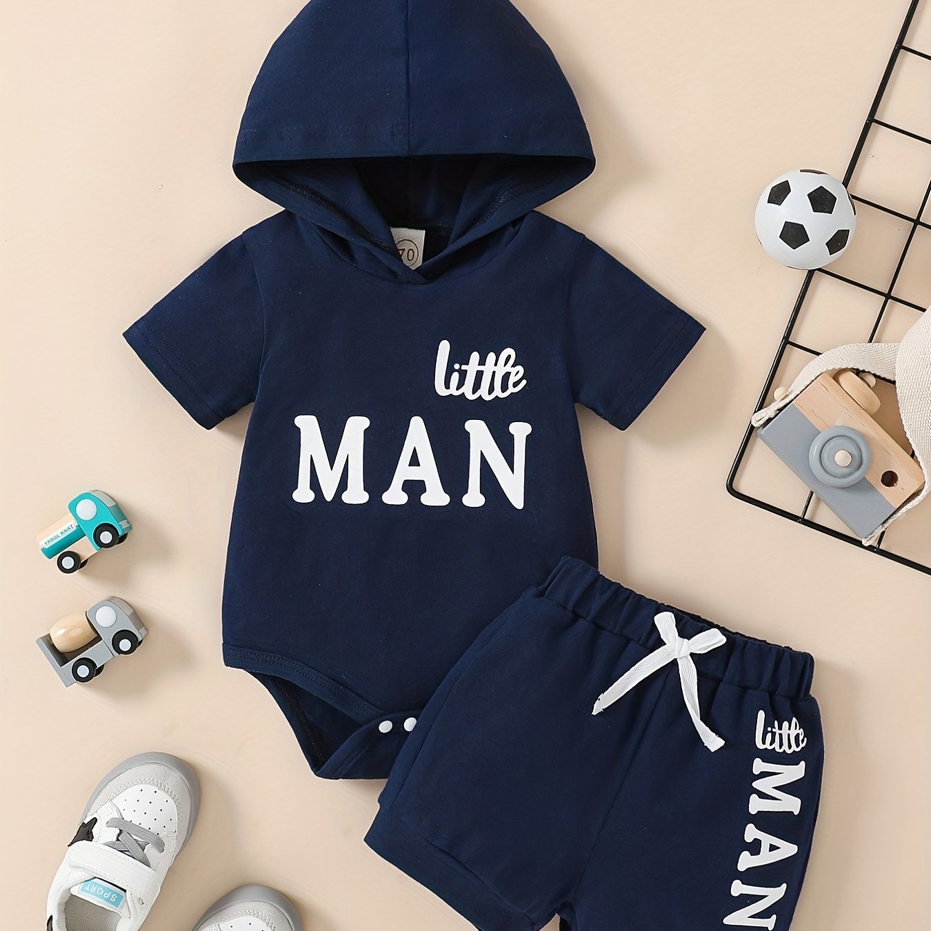 2pcs Baby Boys Little Man Hooded Onesie & Shorts Set