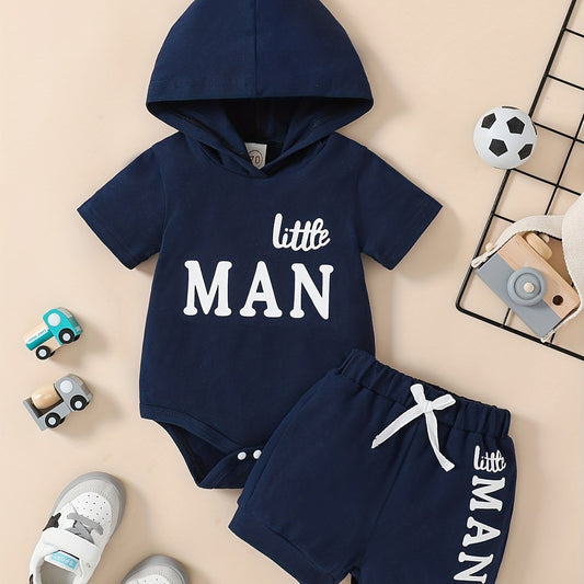 2pcs Baby Boys Little Man Hooded Onesie & Shorts Set