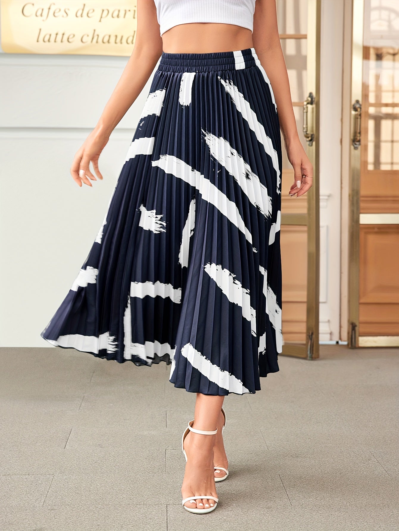 Vintage Brush Print Pleated Skirt Elastic Waist Midi