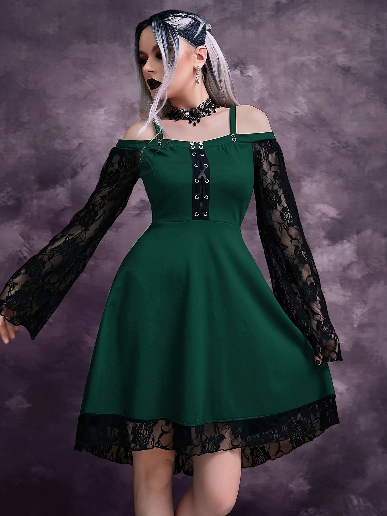 Gothic Dress Contrast Lace Grommet Lace Up Cold Shoulder
