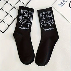 5 Pairs Men's Basketball Crew Socks, Funny Print