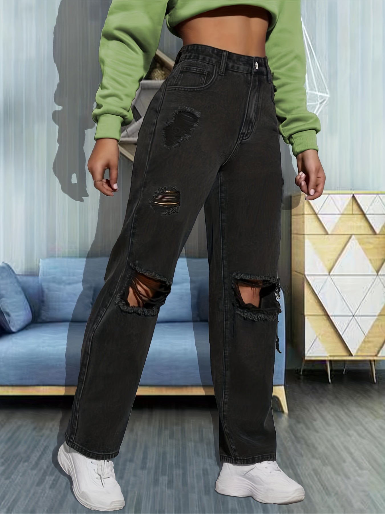 Ripped Knee Cut High Rise Loose Denim Jeans