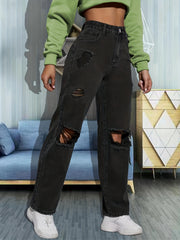 Ripped Knee Cut High Rise Loose Denim Jeans