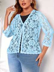 Women's Plus Floral Jacquard Crochet Long Sleeve Cardigan