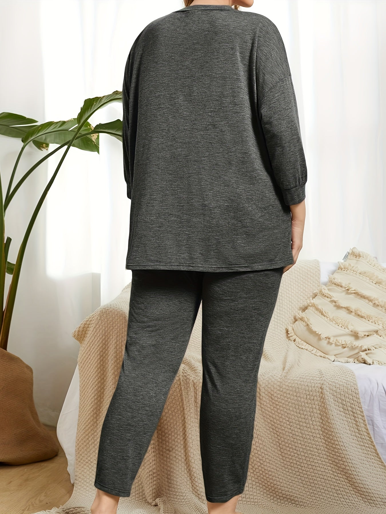 Solid Long Sleeve V Neck Top & Pants Pajamas Set