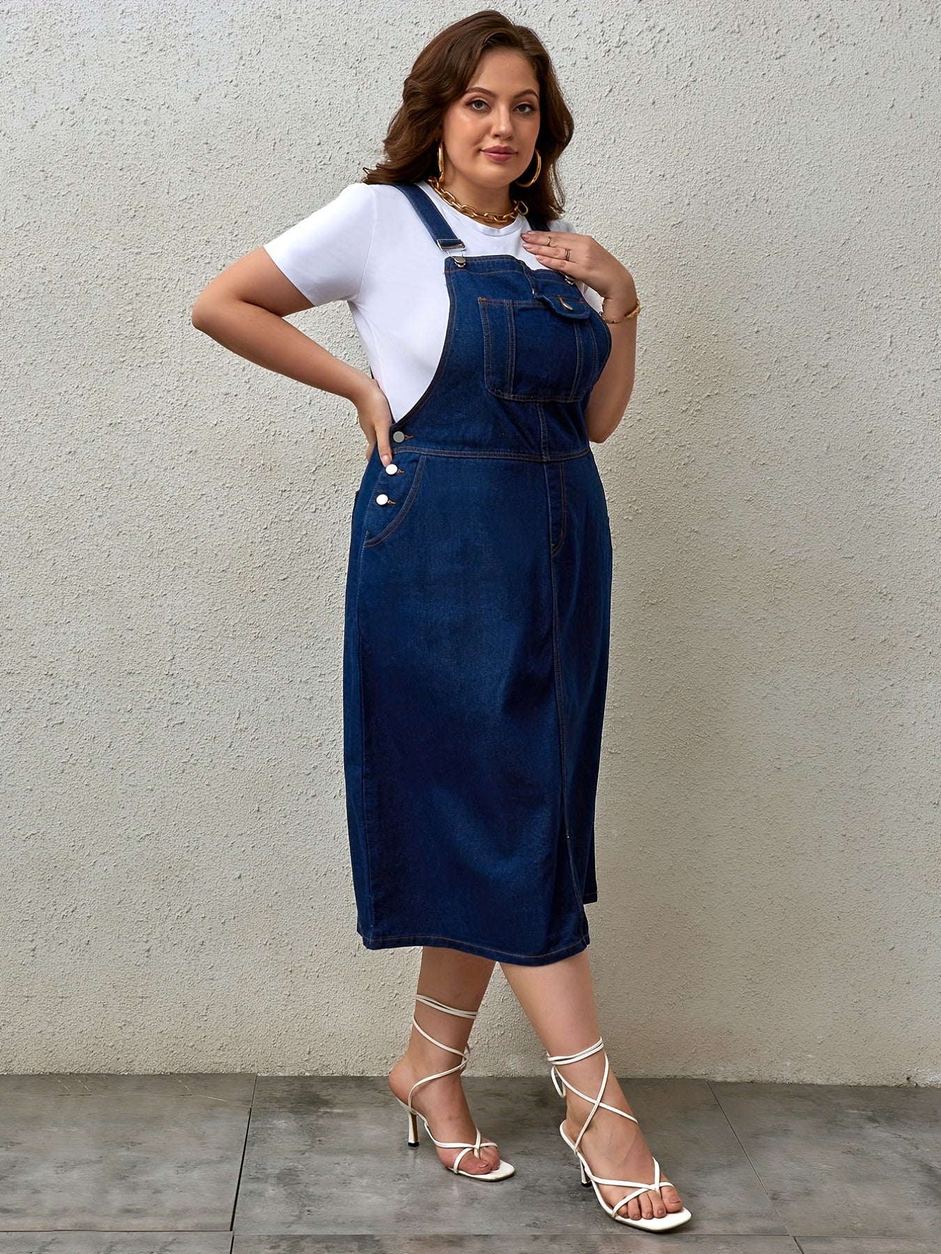 Women's Plus Size Denim Overall Dress with Adjustable Straps