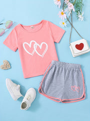 2pcs Toddler Girls Heart Graphic T Shirts & Track Shorts Set