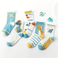 5 Pairs Boys Dinosaur Pattern Short Crew Socks - Breathable & Comfortable