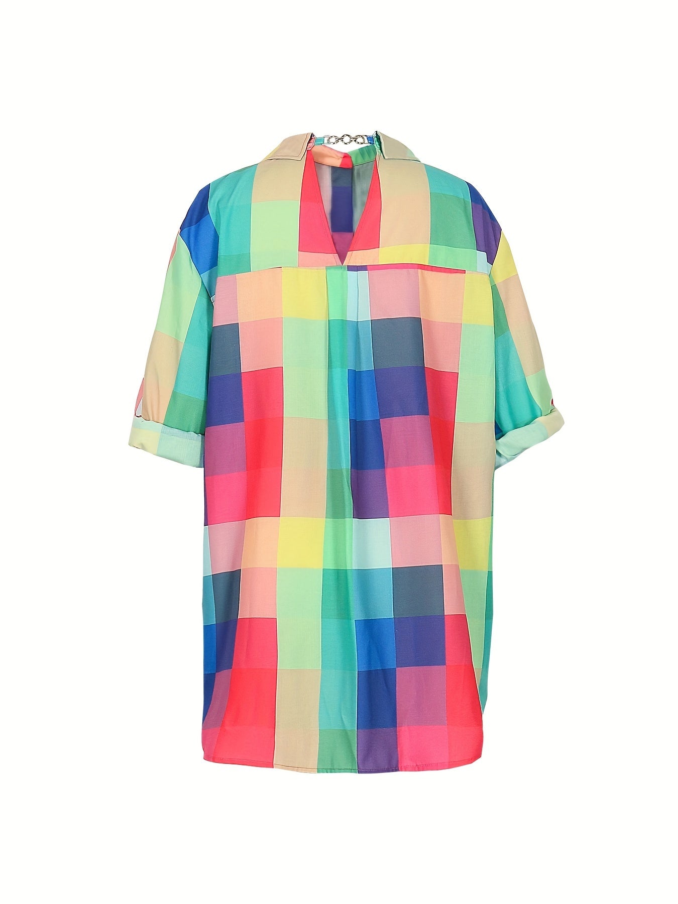 Colorful Grid Print Roll Up Sleeve Blouse
