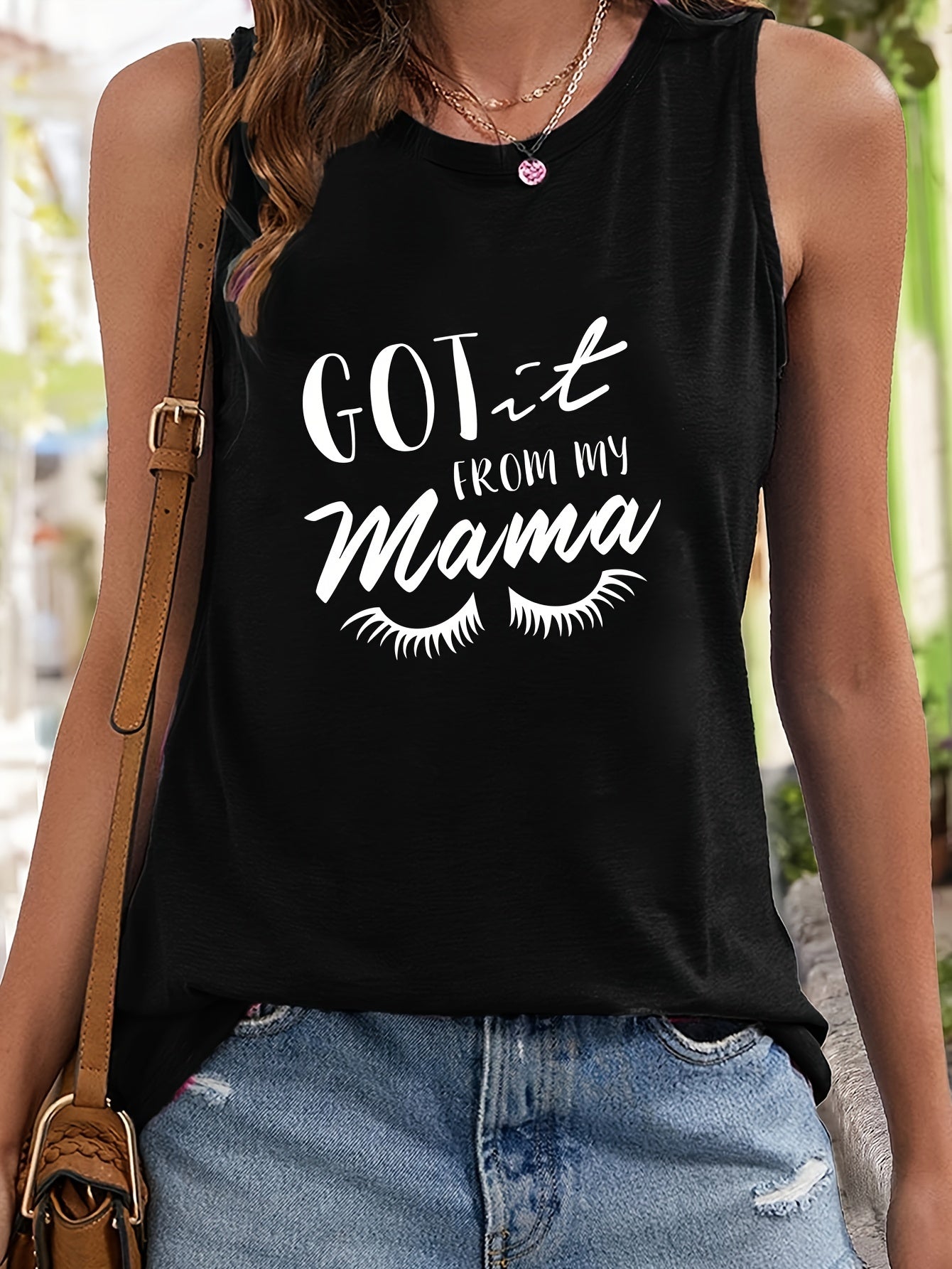 Eyelash & Letter Print Sleeveless Tank Top Slim Fitted Tunic Top