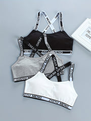 Girls Sports Bra Letter Print Cross Strap No Steel Ring Comfortable Underwear