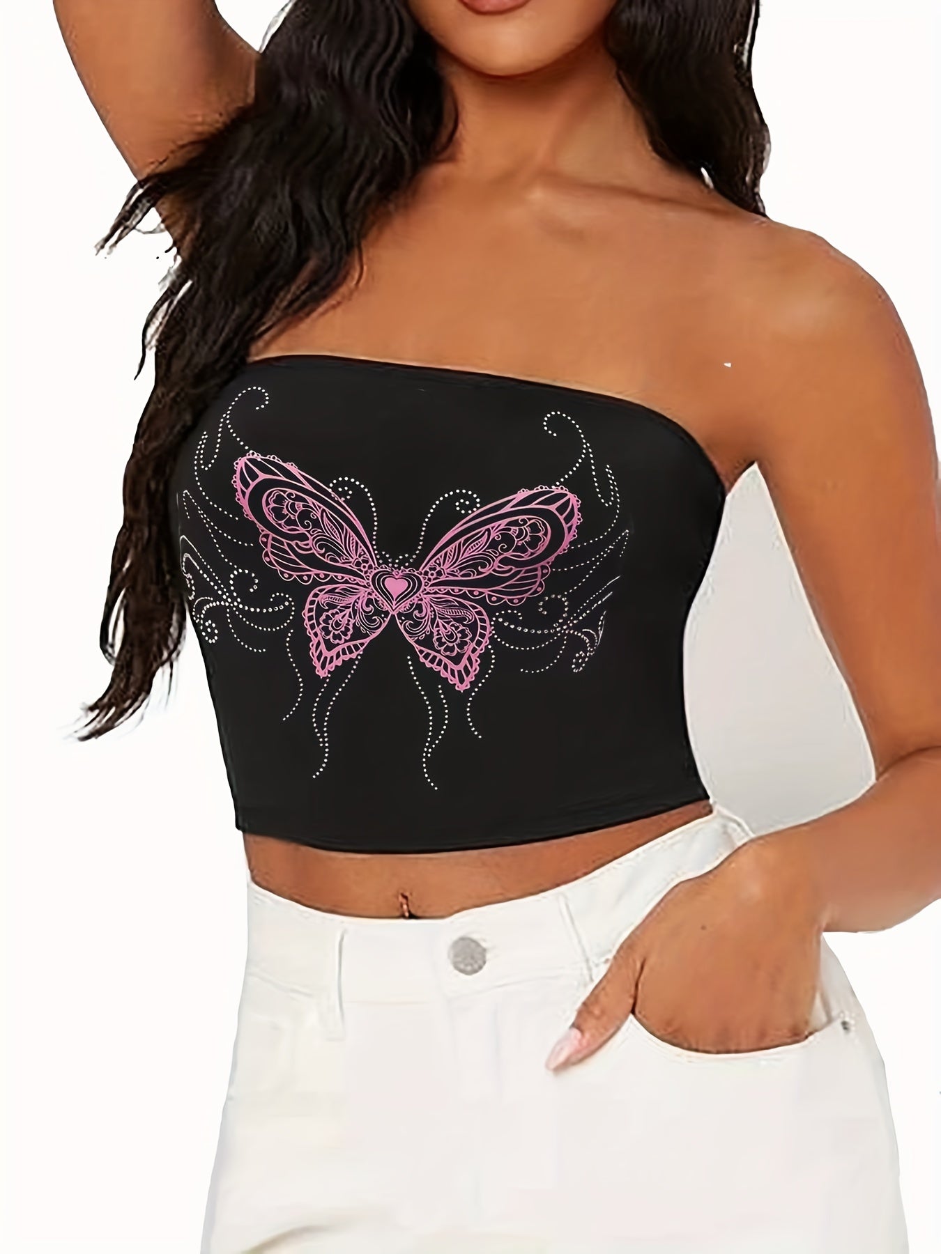 Butterfly Print Crop Tube Top Sleeveless Summer Casual Top