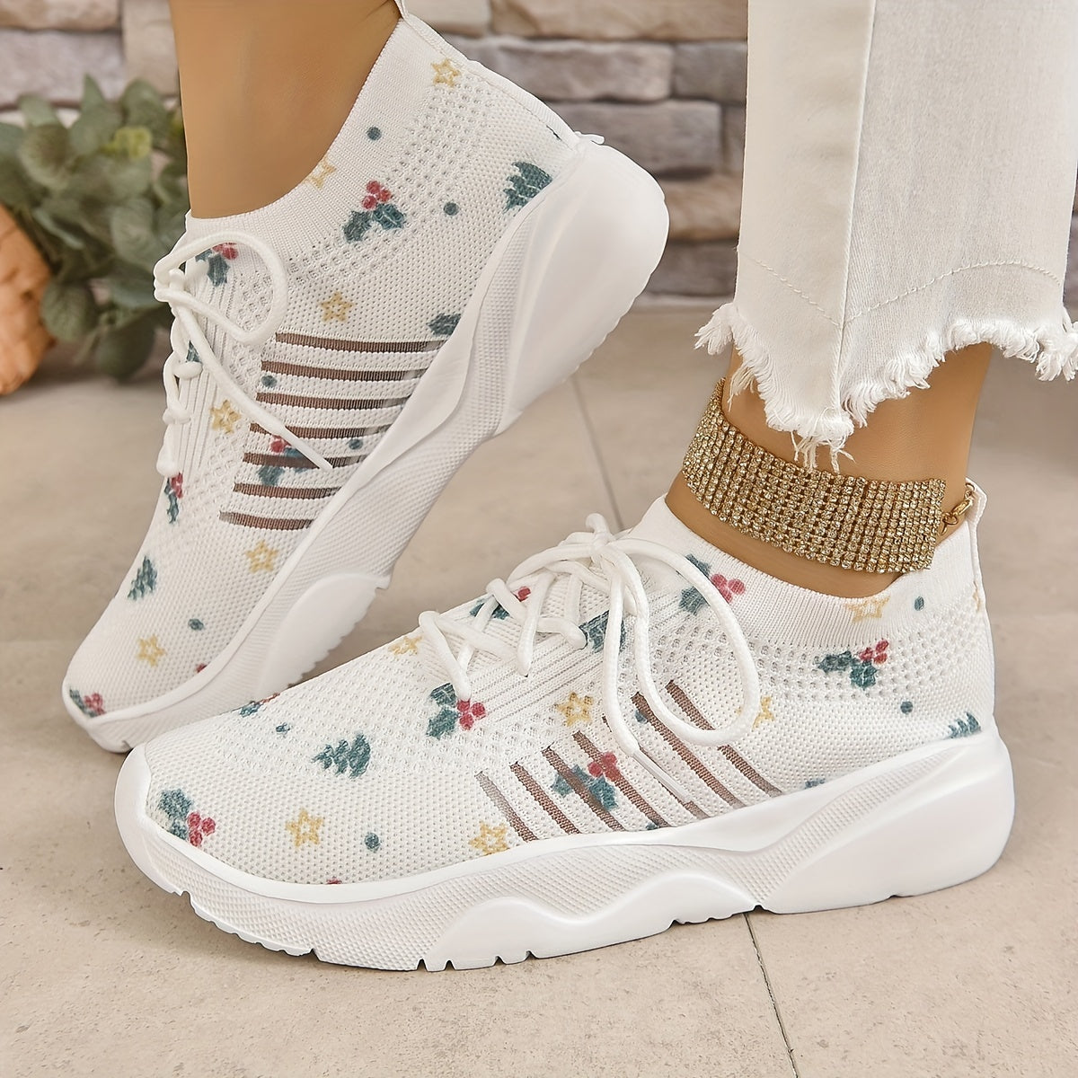 Christmas Print Knitted Lace Up Sports Shoes Breathable Low Top Sneakers