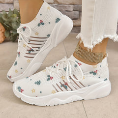 Christmas Print Knitted Lace Up Sports Shoes Breathable Low Top Sneakers