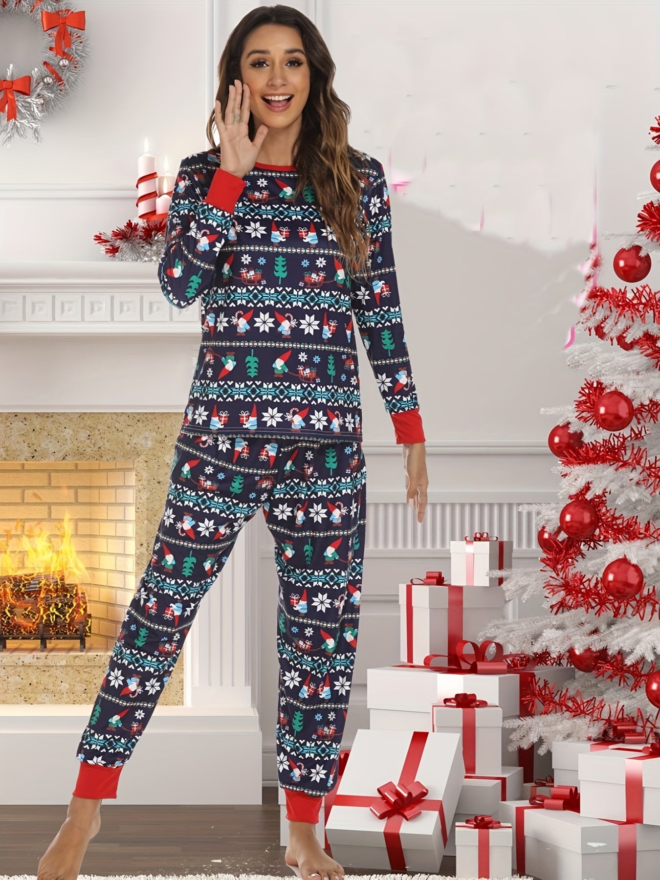 Christmas Print Lounge Set Long Sleeve Top & Pants Women's Loungewear