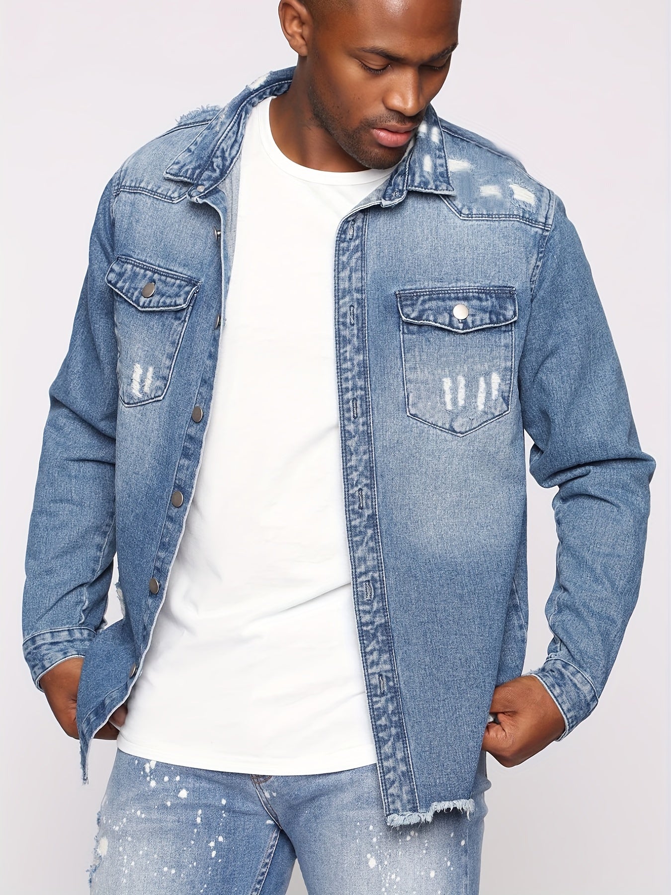 Men's Casual Denim Shirt Turn Down Collar Button Up