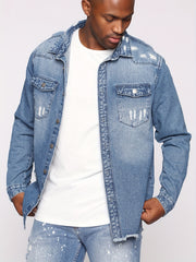 Men's Casual Denim Shirt Turn Down Collar Button Up