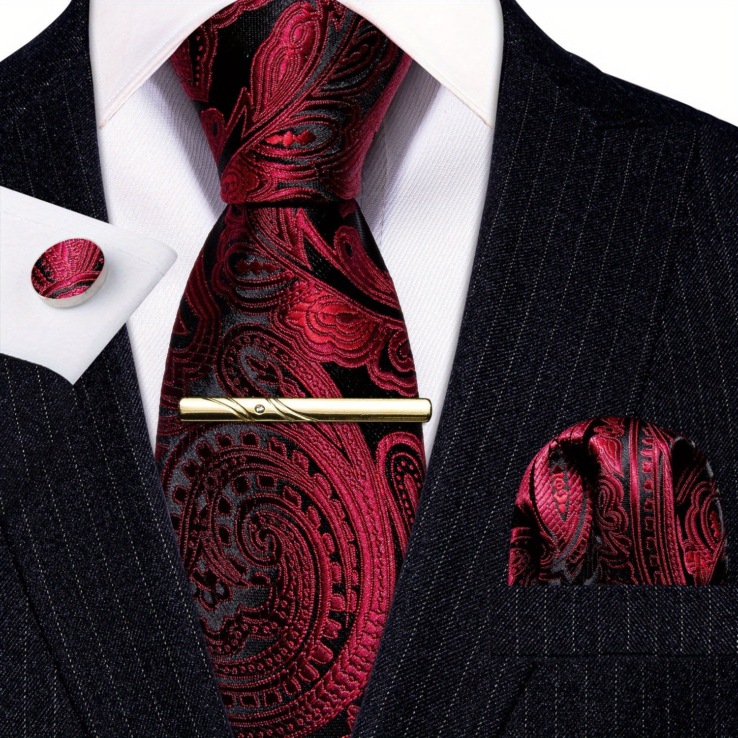 Barry Wang Red&Black Woven Silk Floral Paisley Tie Set