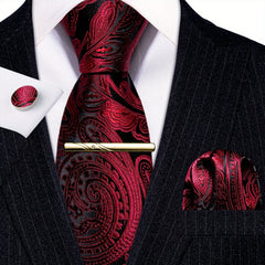 Barry Wang Red&Black Woven Silk Floral Paisley Tie Set