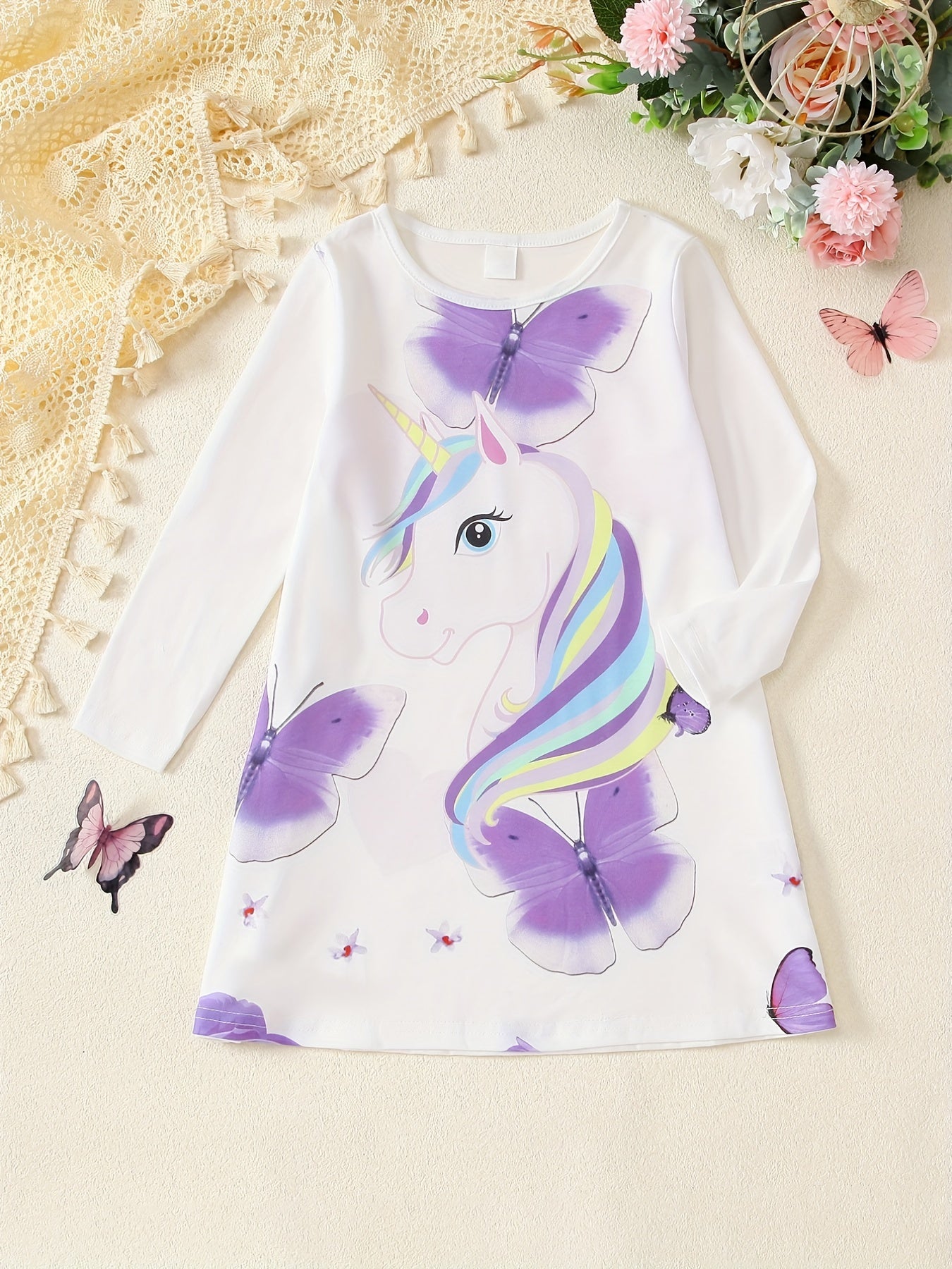 Unicorn Tee Dress Toddler Girls Long Sleeve Party Nightgown