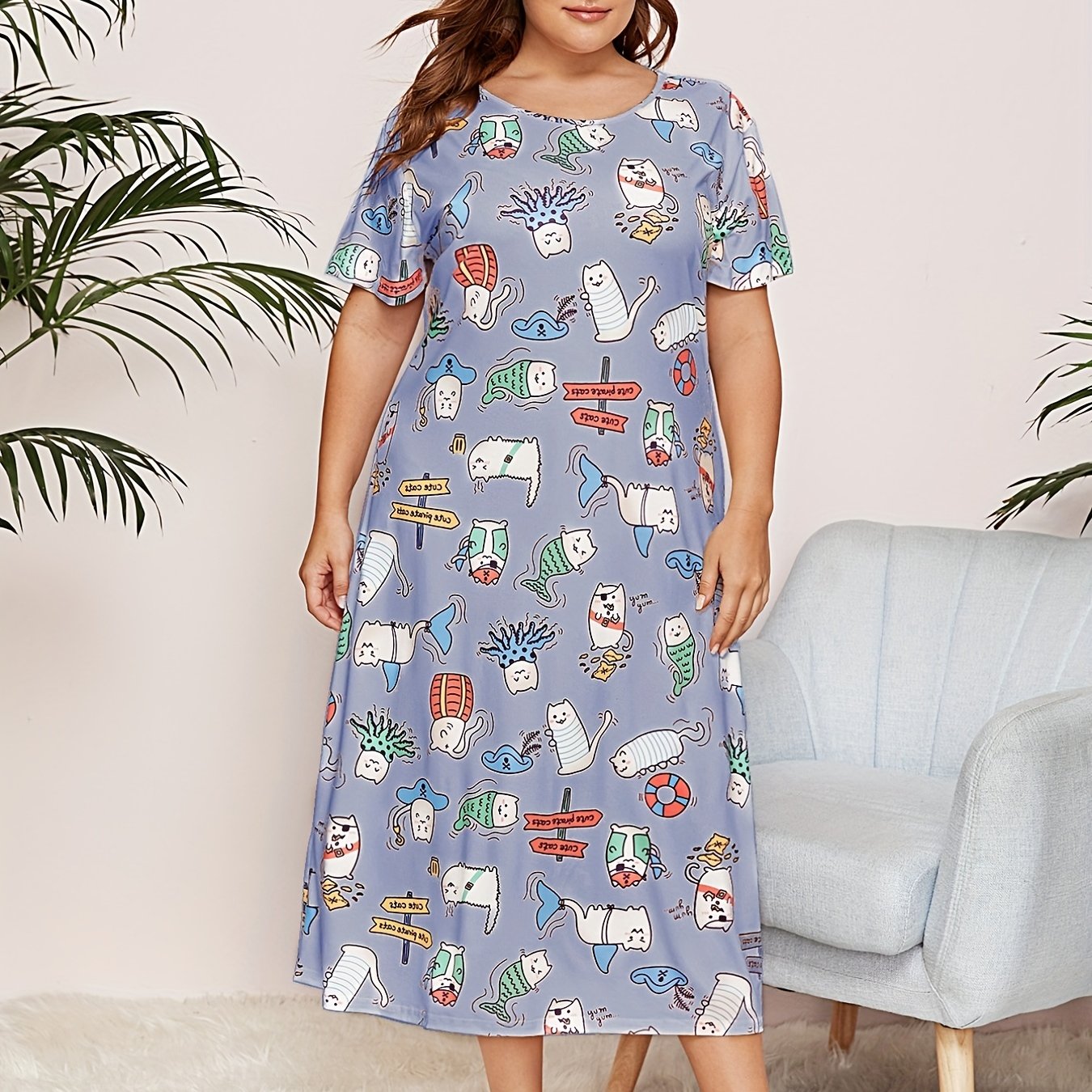 Casual Nightdress Women's Plus Funny Cats Print Short Sleeve