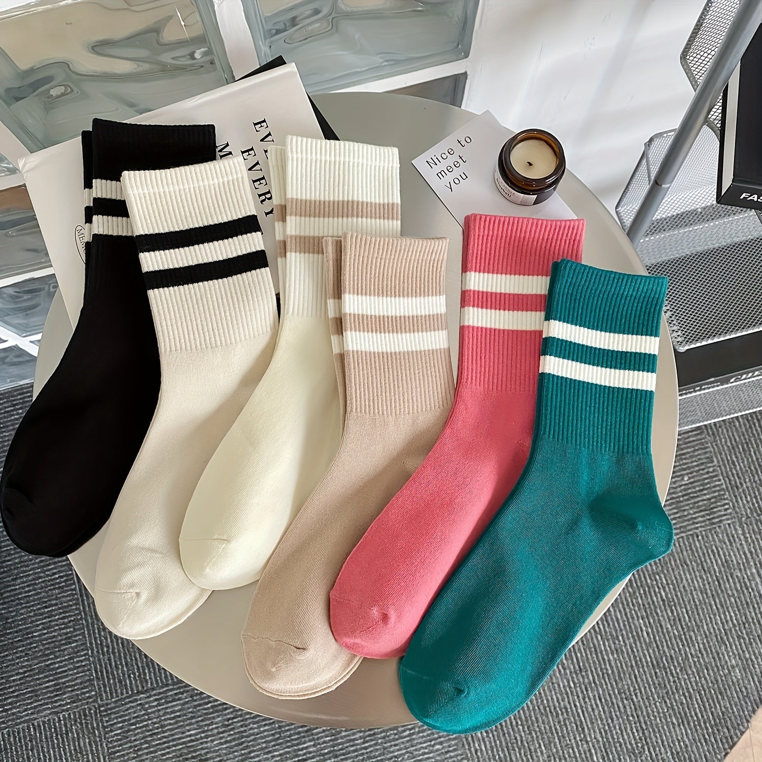 Striped Crew Socks Casual All match Sports Mid Tube Women's Stockings