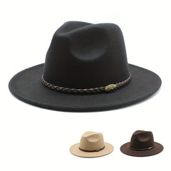 Men's Vintage Woolen Top Hat with Belt - British Style Flat Brim Jazz Hat