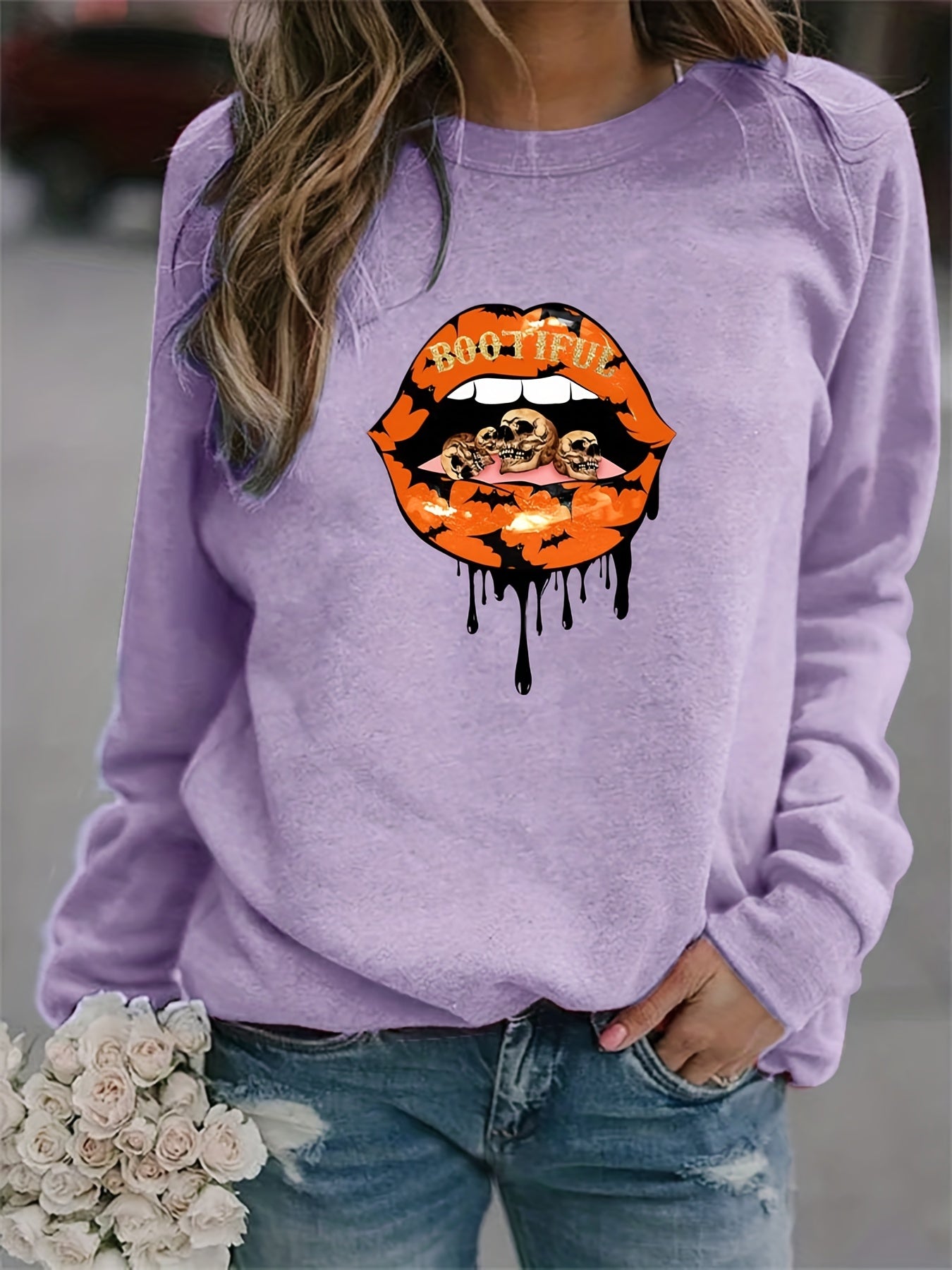 Lip Print Sweatshirt Long Sleeve Crew Neck Casual Pullover
