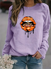 Lip Print Sweatshirt Long Sleeve Crew Neck Casual Pullover