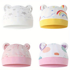 4pcs Baby Hat Cartoon Prints Soft Cotton for 0-6 Months Boy & Girl
