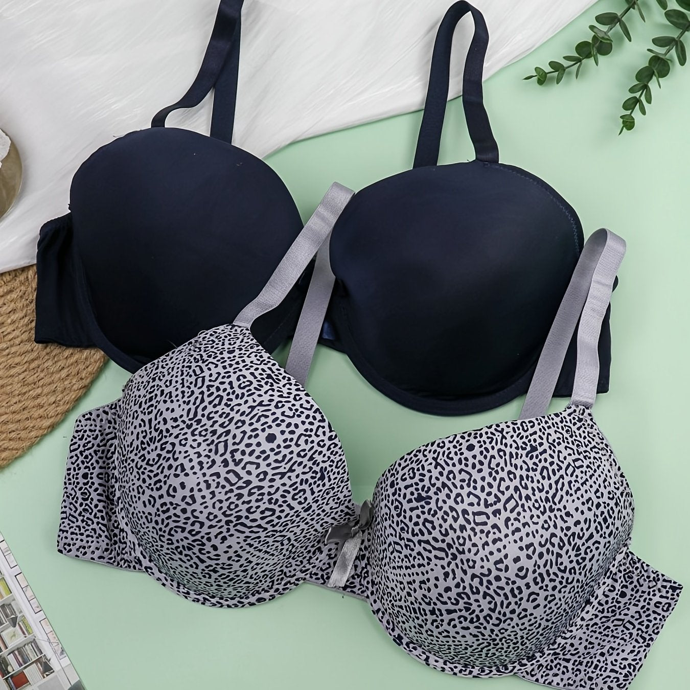 2 Pack Plus Size Casual Bras Set Women's Plus Bow Knot Underwire Full Coverage
