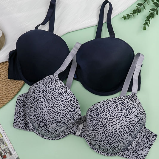 2 Pack Plus Size Casual Bras Set Women's Plus Bow Knot Underwire Full Coverage