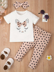 3pcs Baby Girls Cat Bowknot T shirt & Pants Set with Headband