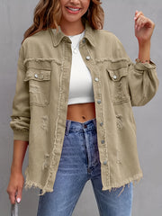 Solid Ripped Denim Jacket with Raw Trim