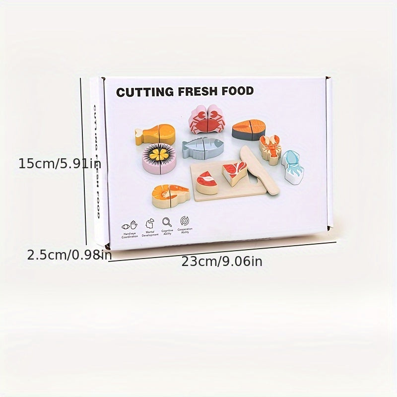 Wooden Play Kitchen Pretend Food Fruit Seafood Cutting Board Toy