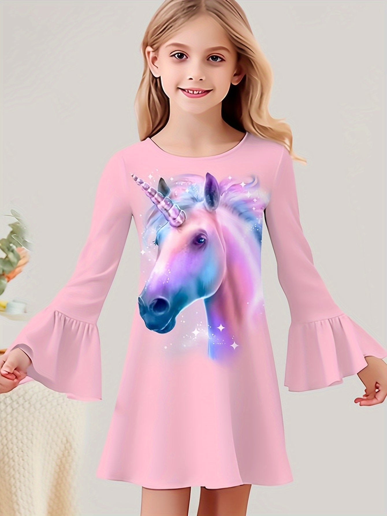 Dreamy Unicorn Graphic Crew Neck Long Sleeve Dress For Girls