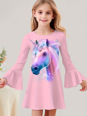 Dreamy Unicorn Graphic Crew Neck Long Sleeve Dress For Girls
