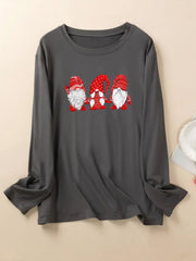 Christmas Casual Pajama Top Women's Plus Gnomes Print Long Sleeve Tee