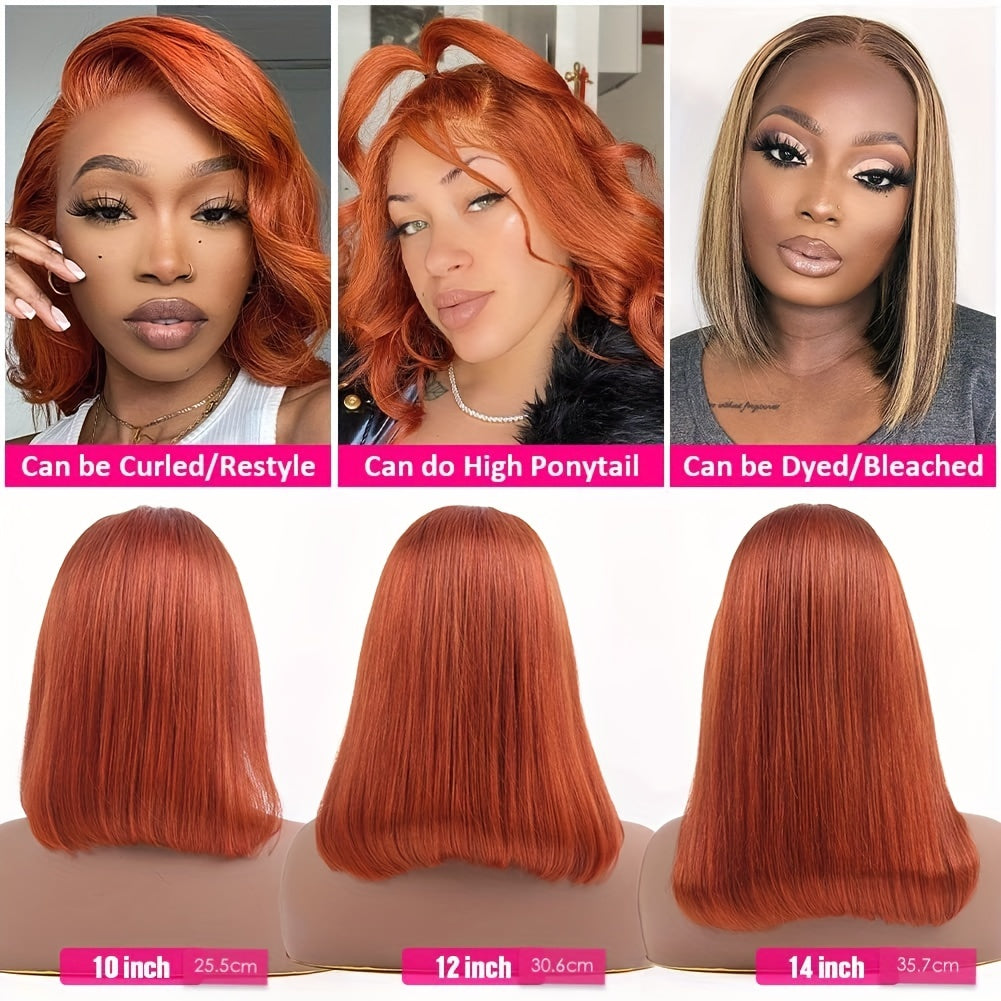 Orange Ginger Short Bob Straight Hair Wig 13x4 Lace Frontal 180 Density