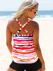 Striped Print Crisscross Back Tankini Set