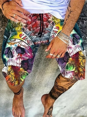 Colorful Skull Graphic Men's Shorts Elastic Waist Summer Outdoor