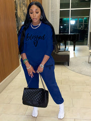 Blessed Letter Print Casual Two piece Set Long Sleeve Tops & Drawstring