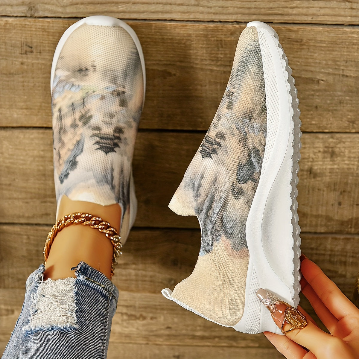 Women's Ink Painting Pattern Knit Walking Shoes