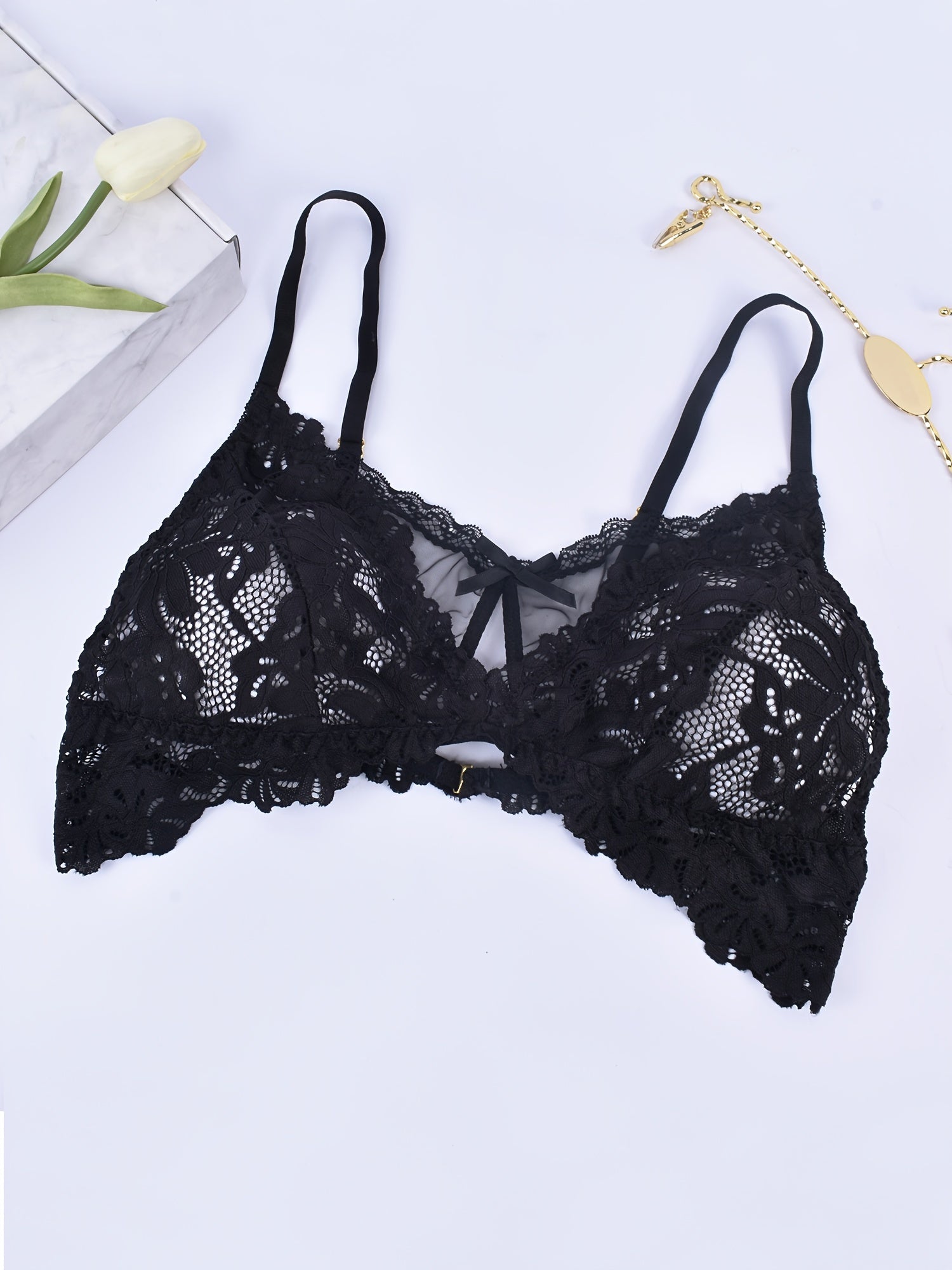 Solid Floral Jacquard Cut Out Lace Bra Plus Size