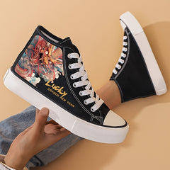 Dragon Print Chunky Canvas Sneakers High Top Skate Shoes