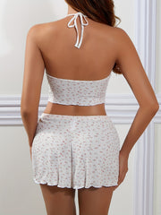 Floral Print Lingerie Set Halter Crop Top & Bow Tie Shorts