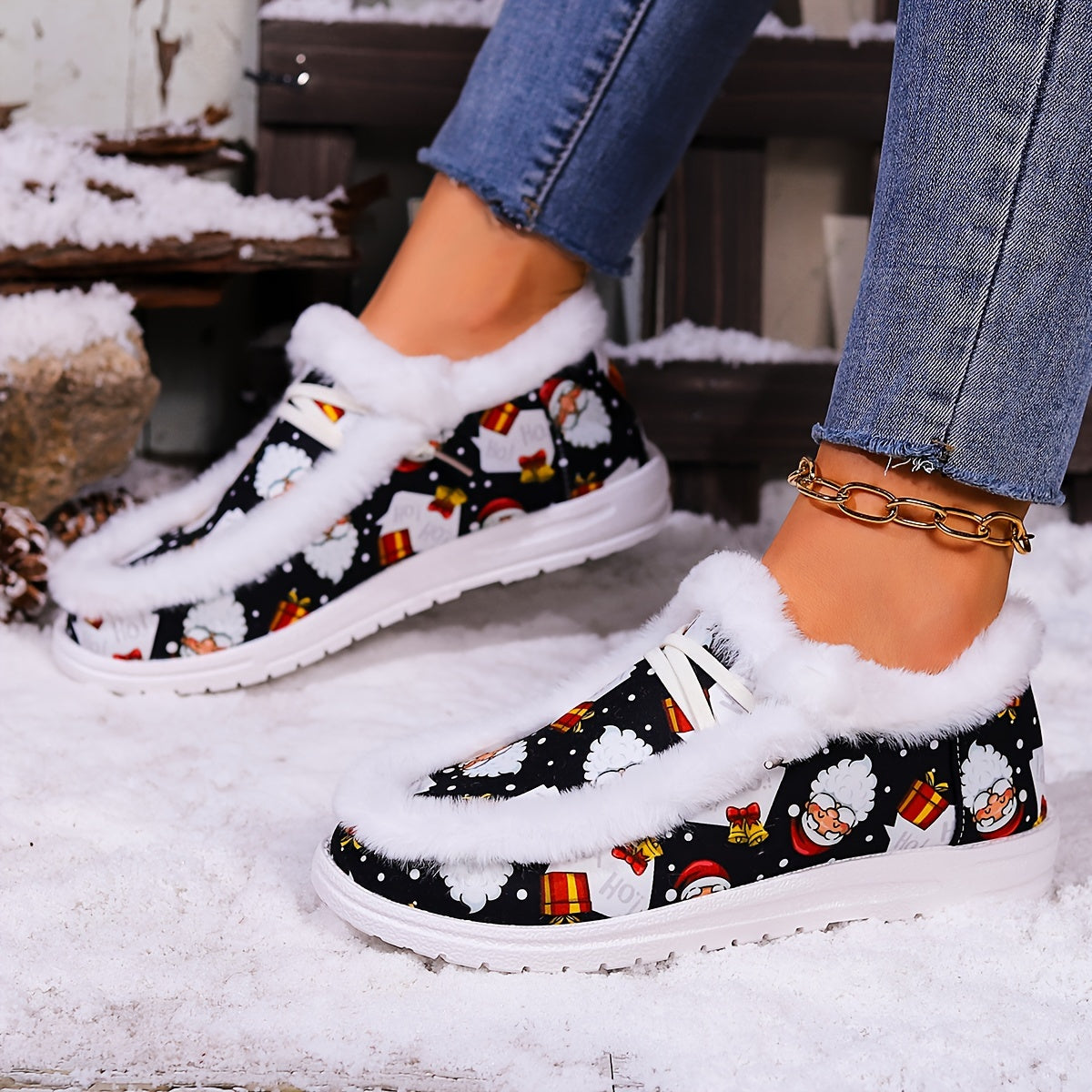 Women's Winter Christmas Style Snow Boots with Santa & Gift Motifs