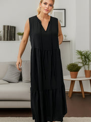Boho Ruched Tie Front Maxi Dress Casual V Neck Sleeveless Solid