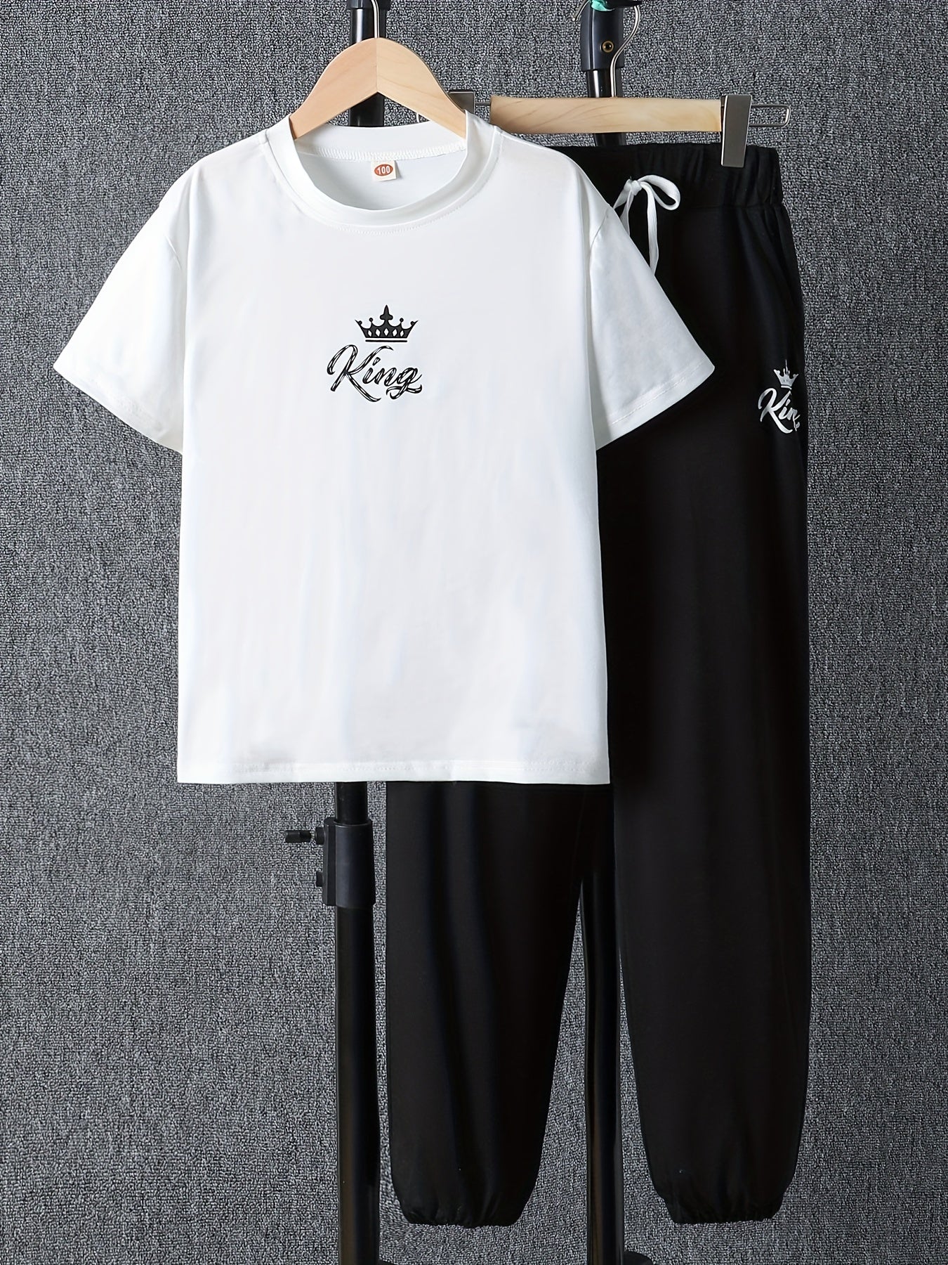 Cartoon Crown KING Print Boy's 2pcs T shirt & Drawstring Sweatpants Set